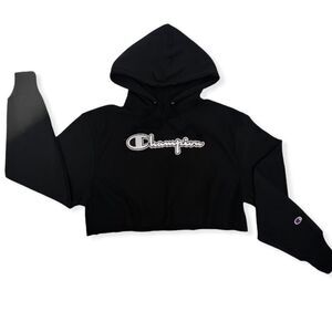 Champion Black Reverse Weave Embroidered Cropped Hoodie Sweatshirt